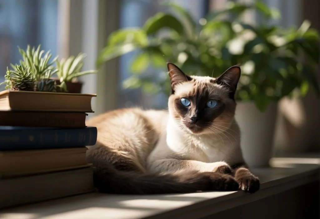 A Siamese cat lounges on a sunlit windowsill, surrounded by books and plants. Its sleek, slender body and striking blue eyes exude an air of elegance and intelligence

What Cat Breed Lives The Longest? Top 10 Longest-Lived Cats