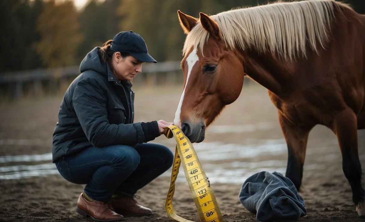 A person measures a horse's back with a tape measure, then selects a blanket size from a chart How to Size a Horse Blanket: A Clear and Knowledgeable Guide