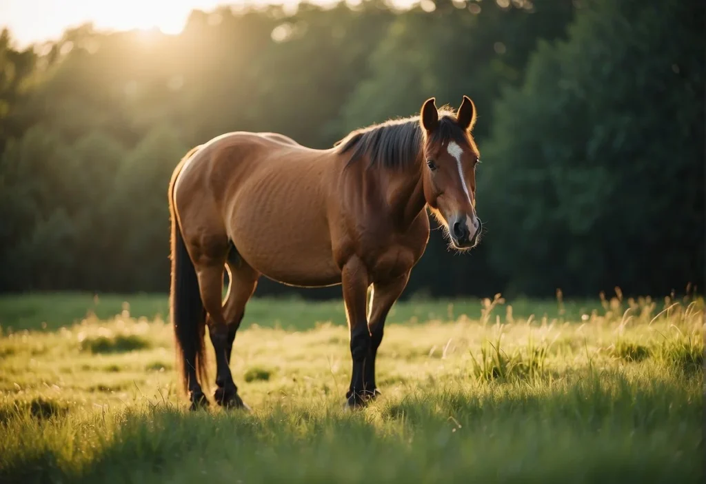 A mare stands in a green pasture, her belly swollen with pregnancy. The sun casts a warm glow on her as she grazes peacefully

How Long Are Horses Pregnant: What You Need to Know