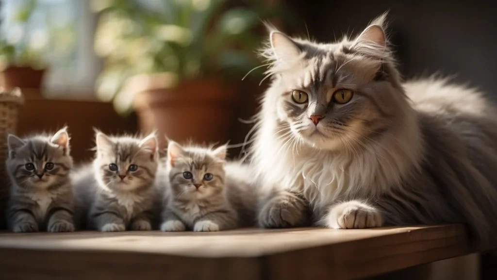 A British Longhair cat breeder carefully grooming and inspecting a litter of fluffy kittens in a cozy, sunlit nursery British Longhair Cat Breeder: Everything You Need to Know