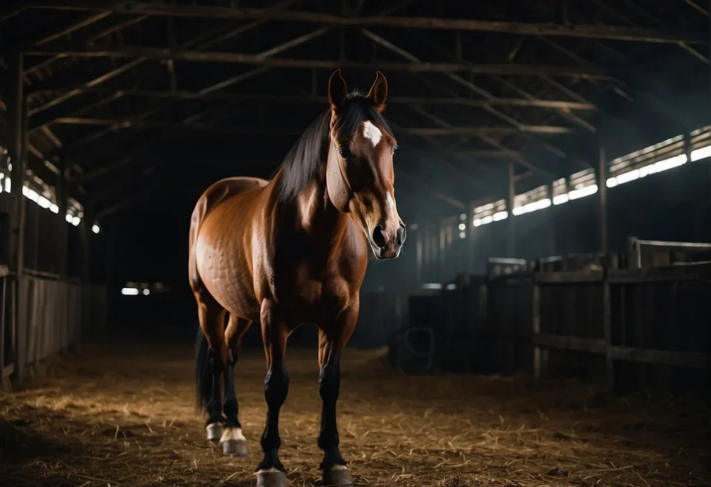 A horse stands in a dimly lit barn, its eyes wide as it peers into the darkness, showcasing its ability to see in low light conditions
Can Horses See in the Dark? Exploring Equine Night Vision