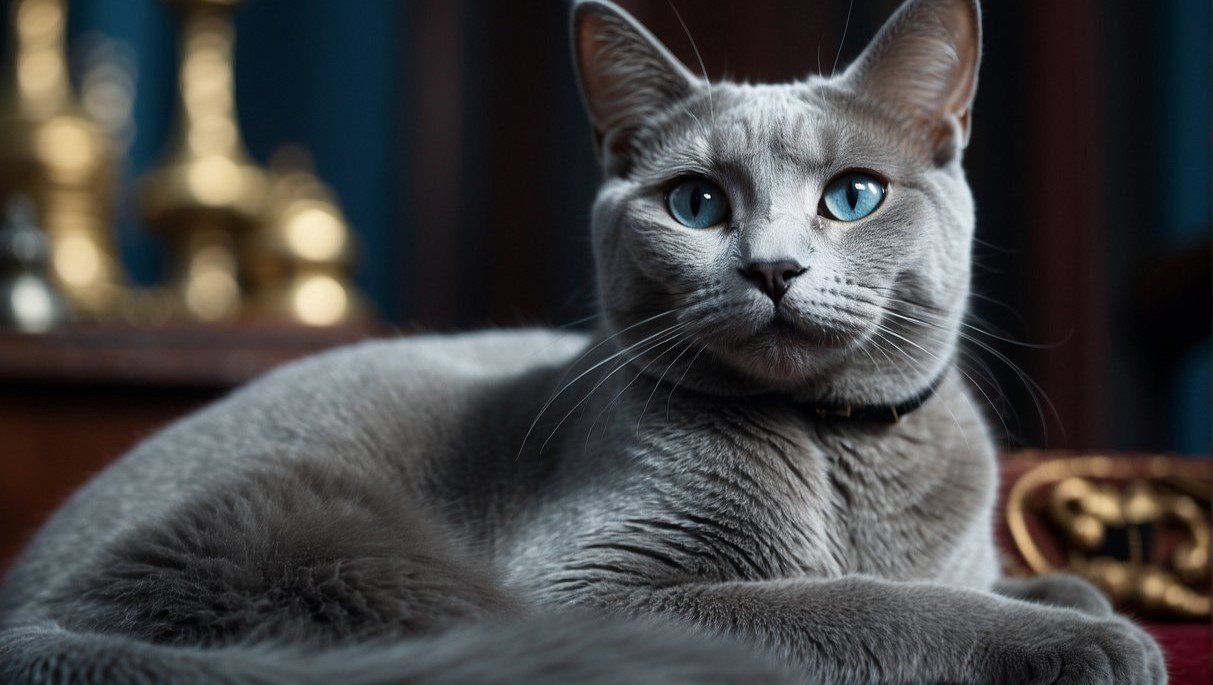 A Russian blue cat lounges in a regal pose, surrounded by symbols of Russian history and culture. The cat's sleek, silver-blue coat exudes an air of elegance and sophistication How Long Does a Russian Blue Cat Live? What You Need to Know