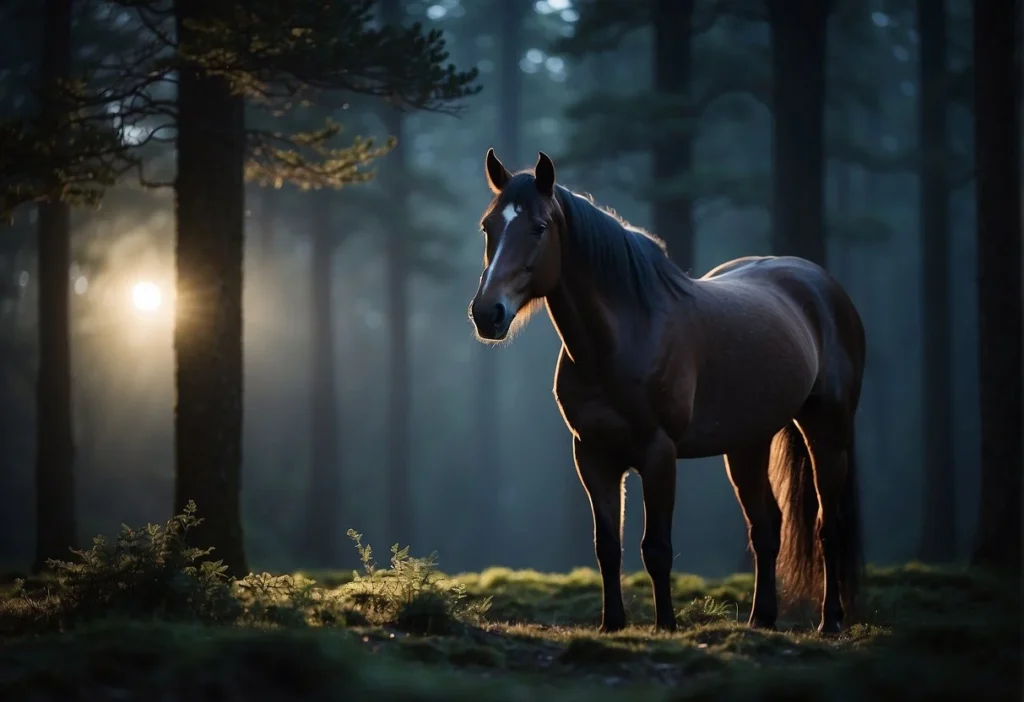 A horse stands in a moonlit clearing, its eyes reflecting the faint light. The surrounding forest is shrouded in darkness, but the horse's keen low light vision allows it to navigate effortlessly
Can Horses See in the Dark? Exploring Equine Night Vision