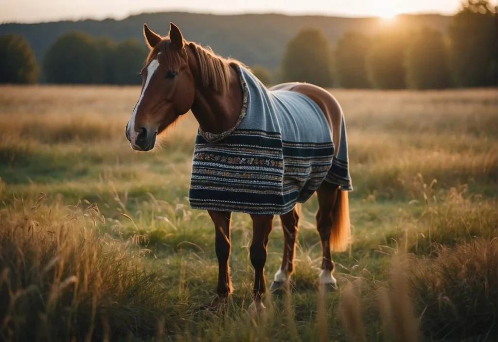 A horse standing in a field, wearing a blanket. A person measures the horse's back for sizing. Different blanket options are laid out nearby

How to Size a Horse Blanket: A Clear and Knowledgeable Guide