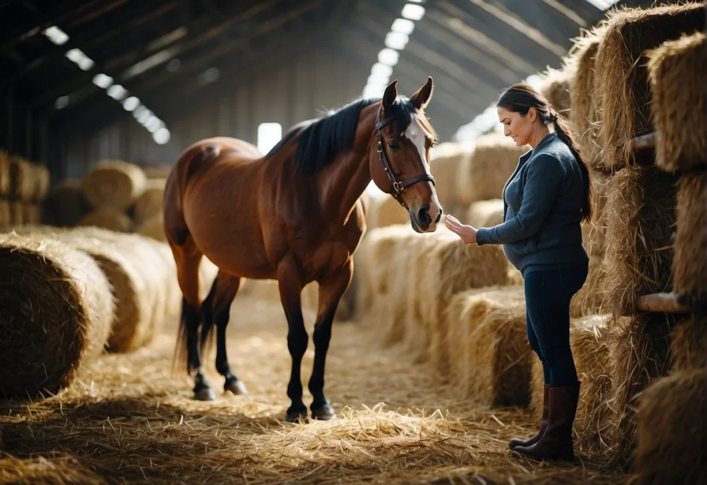 A mare stands in a spacious, clean stall, surrounded by bales of hay and a water trough. A veterinarian gently palpates her abdomen, checking the progress of her pregnancy

How Long Are Horses Pregnant: What You Need to Know