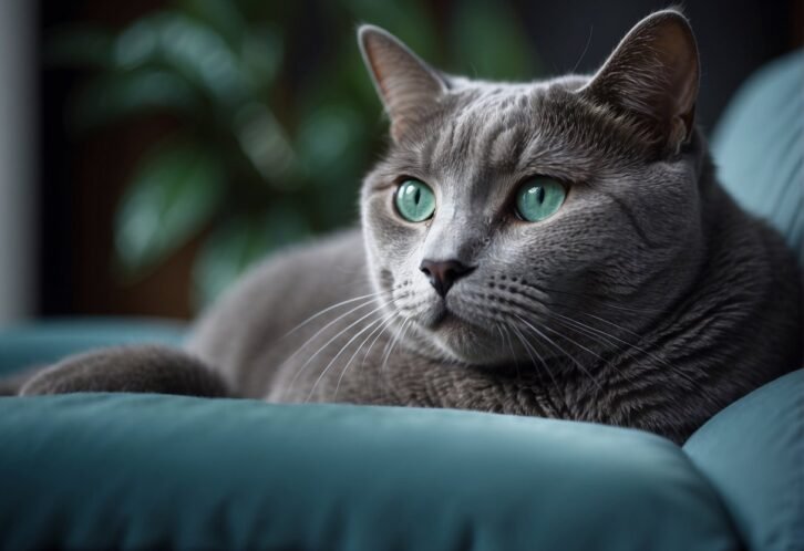 A sleek, elegant Russian Blue cat with shimmering silver-blue fur lounges gracefully on a plush velvet cushion, its vivid green eyes gazing off into the distance

How Long Does a Russian Blue Cat Live? What You Need to Know