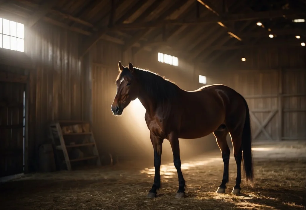 A horse standing in a dimly lit barn, with its head turned towards a small source of light, showcasing its ability to perceive colors in low light conditions
Can Horses See in the Dark? Exploring Equine Night Vision