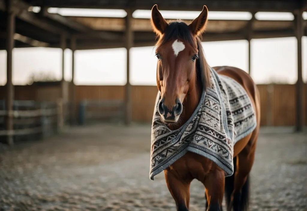 A horse standing calmly in a well-lit area, wearing a blanket that is either too tight or too loose, with clear signs of discomfort or restriction in movement

How to Size a Horse Blanket: A Clear and Knowledgeable Guide