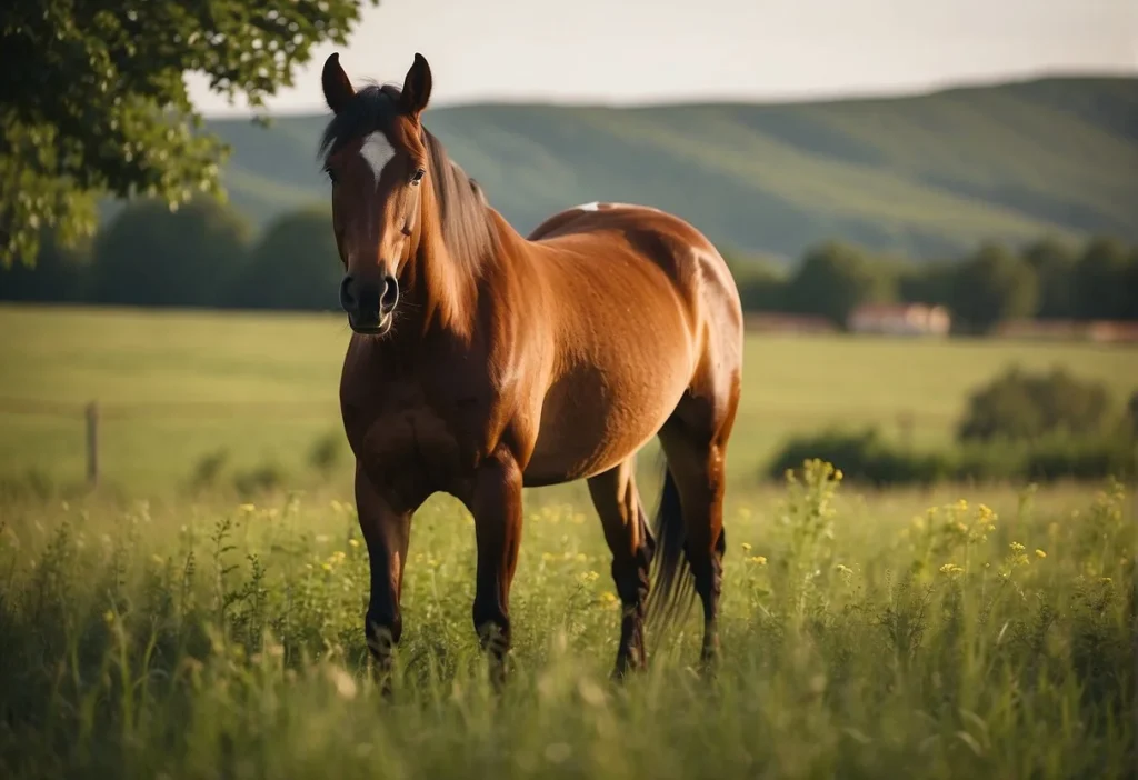 A mare stands in a lush field, her belly swollen with pregnancy. She grazes peacefully, embodying the essence of breeding and fertility

How Long Are Horses Pregnant: What You Need to Know