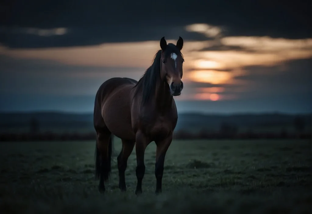 A horse stands in a moonlit field, its eyes reflecting the faint light. It gazes into the darkness, alert and attentive
Can Horses See in the Dark? Exploring Equine Night Vision