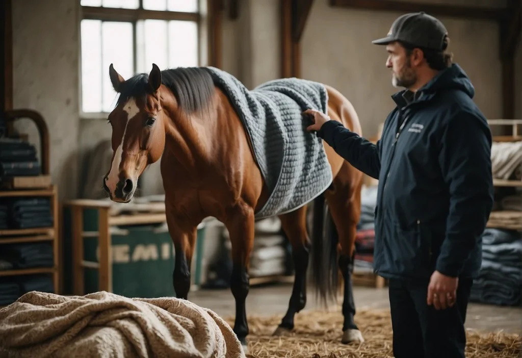 A horse stands calmly as a person measures its back for a blanket. Various blanket accessories and sizing charts are laid out nearby

How to Size a Horse Blanket: A Clear and Knowledgeable Guide