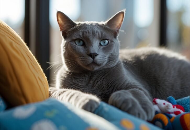 A Russian Blue cat lounges on a plush cushion, surrounded by toys and a scratching post. Its sleek silver-blue coat glimmers in the sunlight streaming through the window, as it lazily grooms itself

How Long Does a Russian Blue Cat Live? What You Need to Know