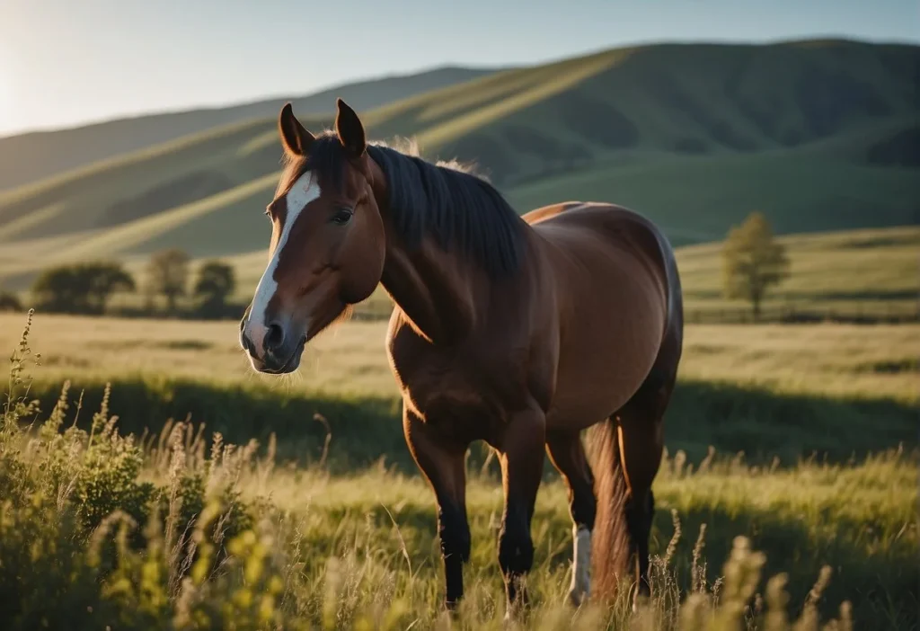 A pregnant horse standing in a peaceful pasture, surrounded by rolling hills and a clear blue sky

How Long Are Horses Pregnant: What You Need to Know