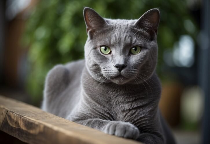 A Russian Blue cat sits beside a "Frequently Asked Questions" sign, looking alert and curious. The cat's sleek grey fur and bright green eyes are the focal point of the scene

How Long Does a Russian Blue Cat Live? What You Need to Know