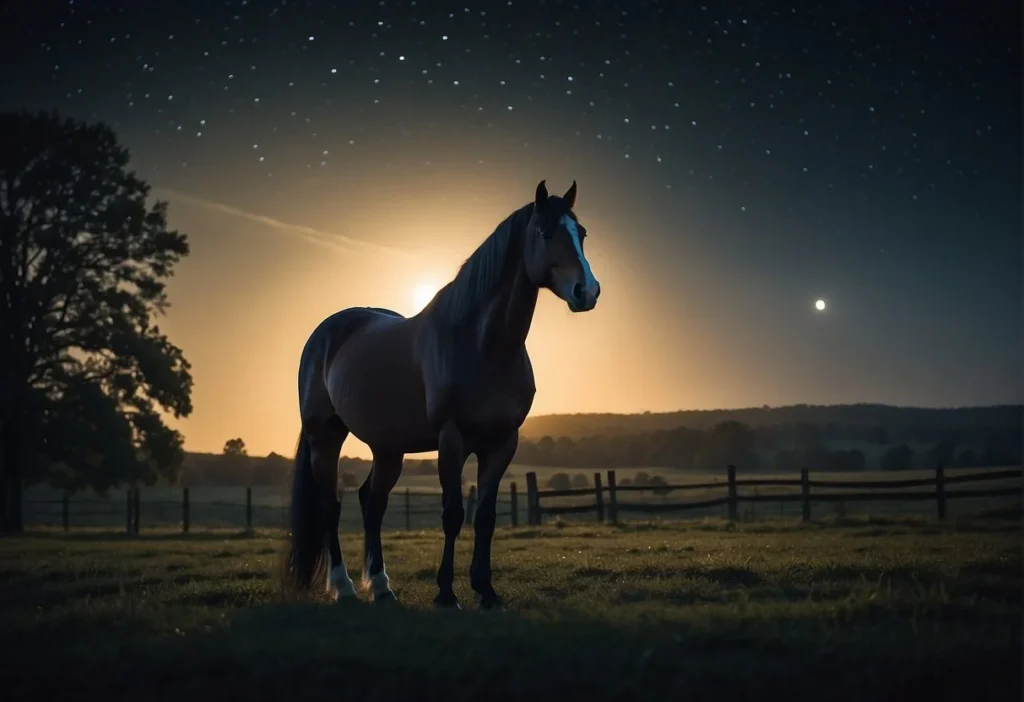 A horse stands in a dimly lit pasture, its eyes reflecting the moonlight as it peers into the darkness, showcasing its exceptional night vision capabilities
Can Horses See in the Dark? Exploring Equine Night Vision