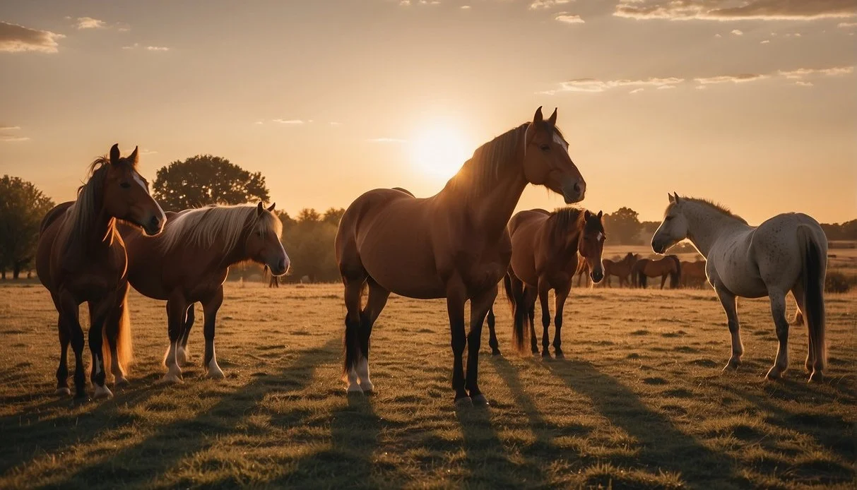 A mare stands in a spacious, peaceful pasture, surrounded by a small group of other horses. The sun is setting, casting a warm glow over the scene How Long Are Horses Pregnant: What You Need to Know