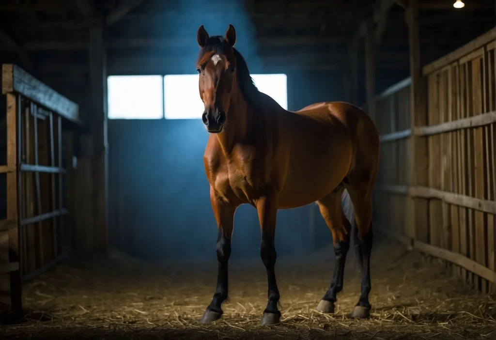 A horse stands in a dimly lit barn, its eyes wide and alert as it gazes into the darkness, showcasing its ability to see in low light conditions
Can Horses See in the Dark? Exploring Equine Night Vision