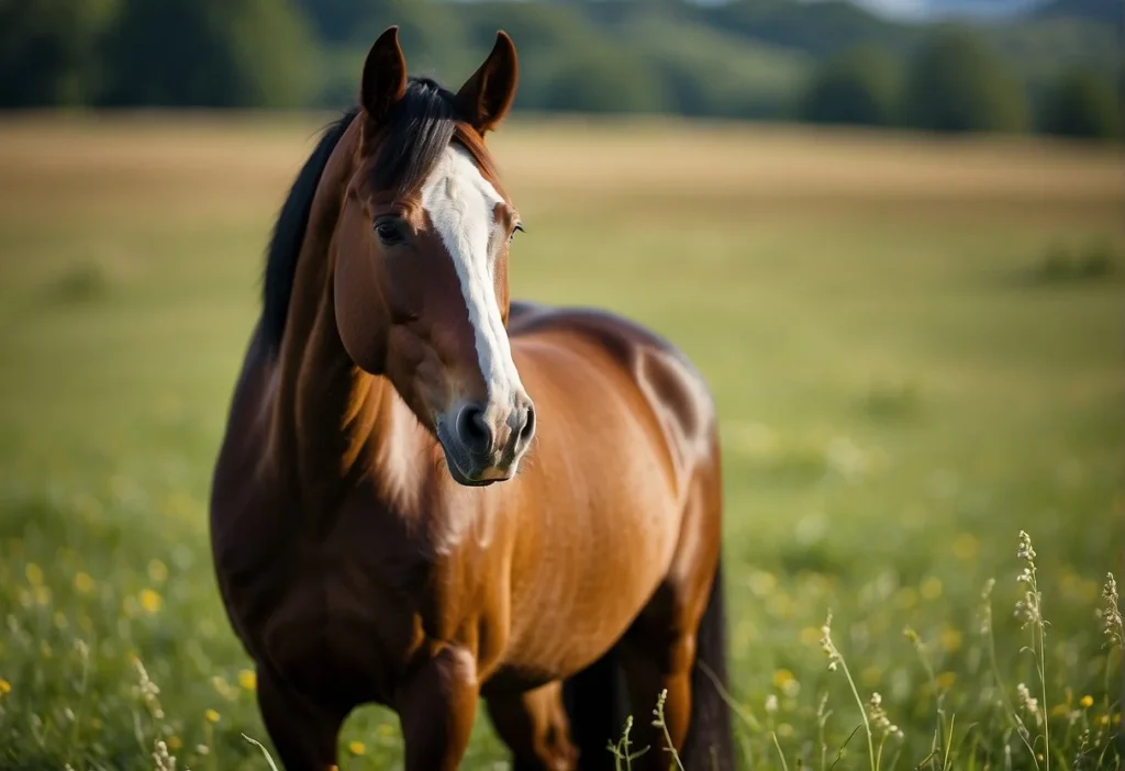 A horse standing in a field, surrounded by green grass and under a clear blue sky, with a curious expression on its face

How Long Are Horses Pregnant: What You Need to Know