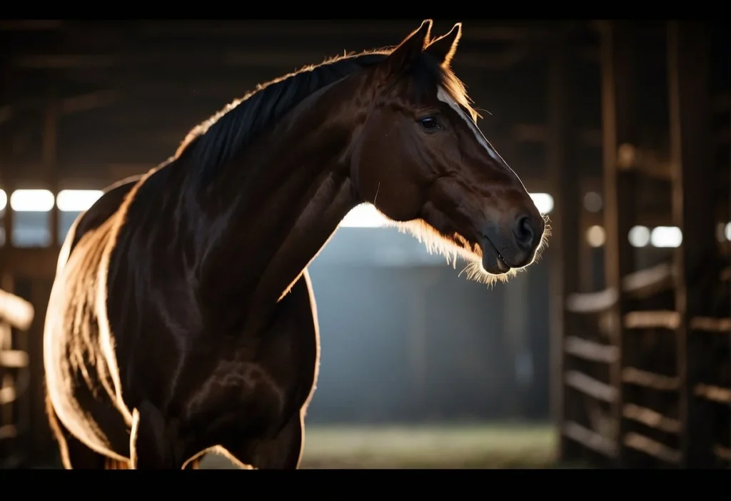 A horse stands in a dimly lit barn, its head lifted as it peers into the darkness. The soft glow of its eyes reflects the limited light, conveying its ability to see in the dark
Can Horses See in the Dark? Exploring Equine Night Vision