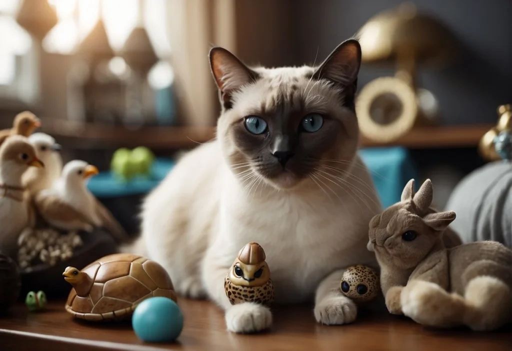 A Siamese cat sits beside a tortoise and a parrot, all surrounded by various pet toys and accessories. The cat's breed name is written on a sign next to it

What Cat Breed Lives The Longest? Top 10 Longest-Lived Cats