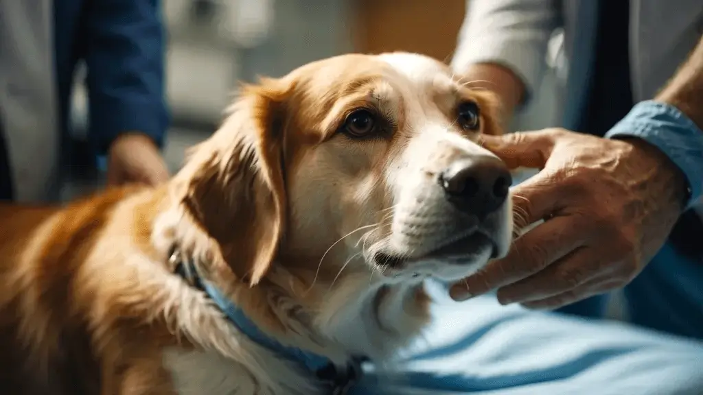 Dog suffering from a wound infection with visible redness and swelling on its paw.