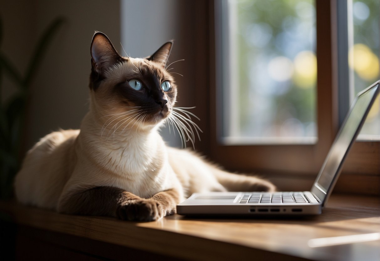 A Siamese cat lounges on a sunlit windowsill, with a stack of books nearby. The cat gazes curiously at a laptop displaying the question "What cat breed lives the longest?"

What Cat Breed Lives The Longest? Top 10 Longest-Lived Cats