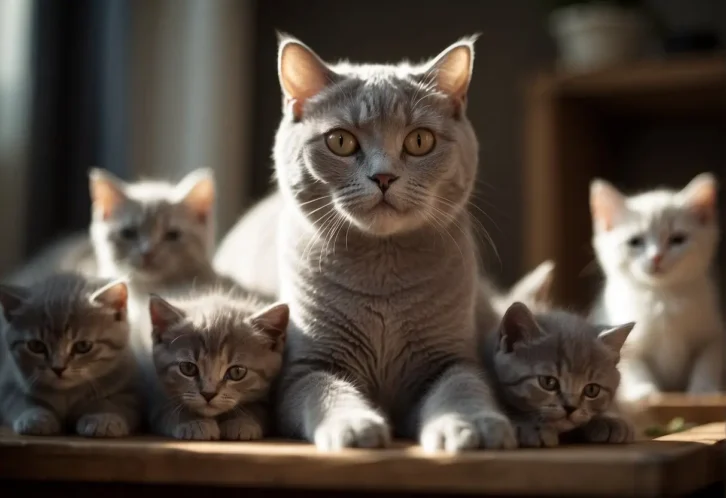 A British Shorthair mother cat from a reputable breeder lovingly watches over her litter of kittens.