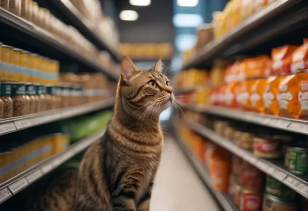 A tabby cat sits in a pet store aisle surrounded by cat food, contemplating the transition from kitten food to adult cat food. 

When Can Kitten Eat Adult Cat Food