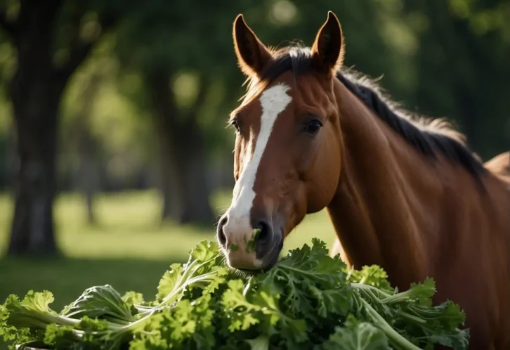 A brown horse with a white blaze eating a bunch of celery in a green field.