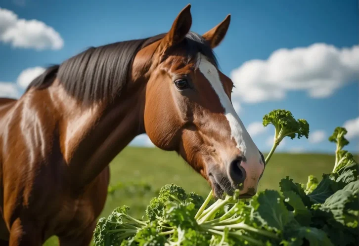 A brown horse with a white blaze grazing on leafy green vegetables in a pasture.

Can a Horse Eat Celery? Understanding Equine Safe Snacks