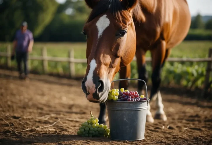 A curious brown horse investigates a bucket of grapes. Grapes can be harmful to horses and should only be offered in moderation and with caution.

Can Horses Eat Grapes? A Veterinarian's Guide to Safety & Alternatives