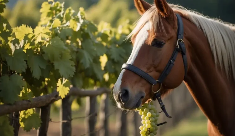 A brown horse eating grapes in a vineyard. Grapes can be toxic to horses and should only be given with caution.