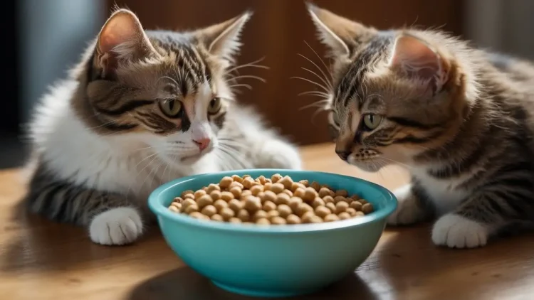 Two kittens looking at a bowl of food, highlighting the question of when they can transition from kitten food to adult cat food.