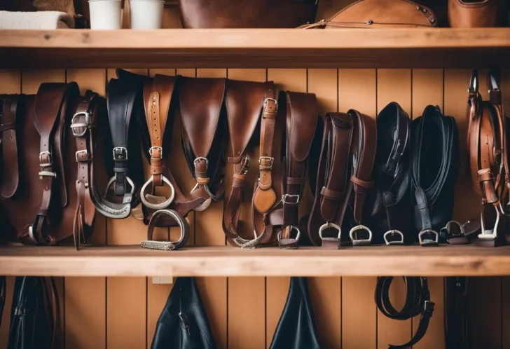 A variety of leather horse bridles and reins hang neatly on a wooden shelf in a tack room.