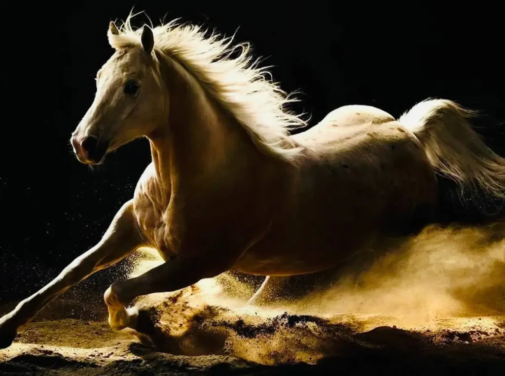 A palomino horse running at full speed, kicking up dust in its wake, showcasing the incredible speed of horses.

How Fast Can Horses Run?