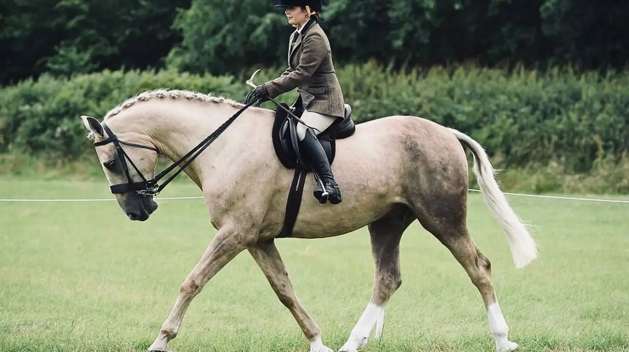 A grey Oldenburg horse with a long mane and tail, a trainer teach a horse to bow in a green pasture.