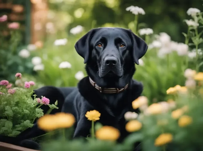 A happy black Labrador Retriever sitting in a grassy field.