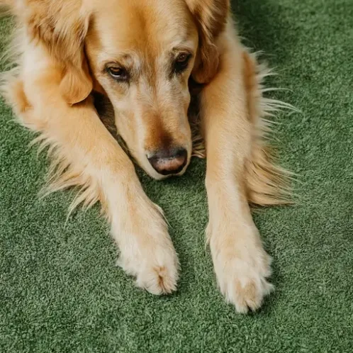 A professional groomer carefully trimming the paws of a Golden Retriever on a grooming table.