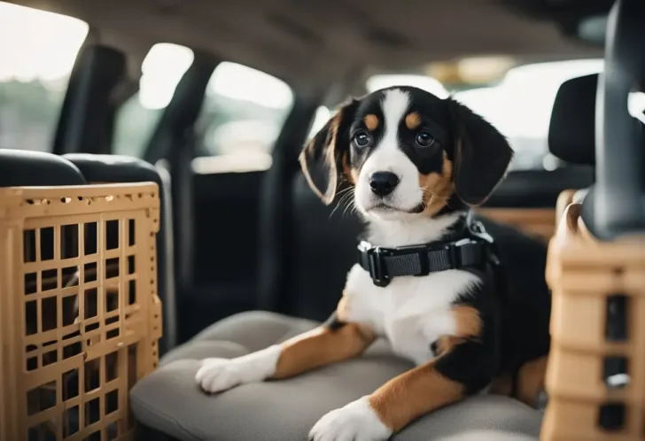 A puppy wearing a harness sits calmly on a car seat next to a travel crate, demonstrating safe transportation options.