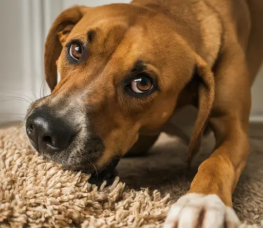 Dog chewing carpet, dog destructive behavior, puppy chewing, pet owner problem, carpet damage, canine behavior