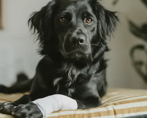 A black dog with a bandaged paw, showcasing the need for proper wound care for infected cuts.