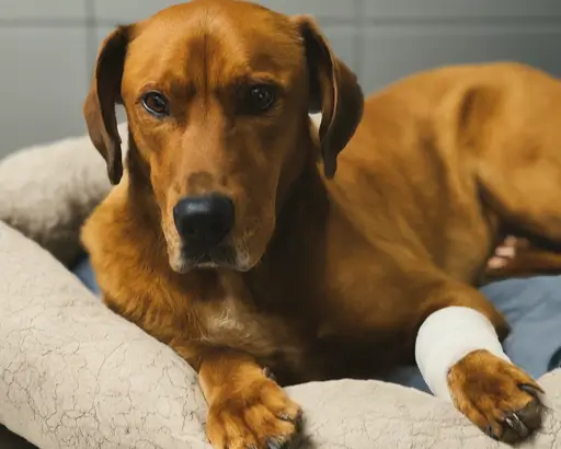 A dog with a bandaged paw, showcasing the importance of treating infected cuts.