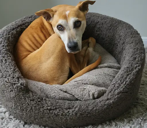 A dog curled up tightly in a bed, possibly indicating it is cold.