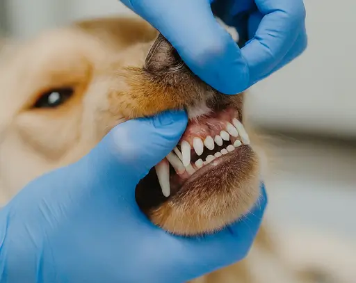 Veterinarian checking a dog's teeth for cavities at home