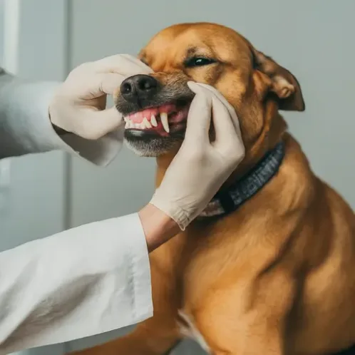 Veterinarian examining a dog's teeth for signs of cavities, emphasizing the importance of professional dental care in conjunction with at-home treatment.